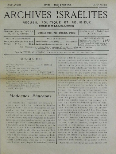 Archives israélites de France. Vol.71 N°22 (02 juin 1910)